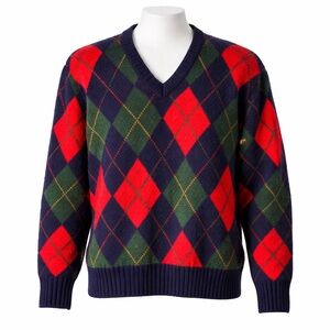 Size M Len Mills Men’s Vintage Argyle Wool Mohair Blend V Neck Sweater Retro
